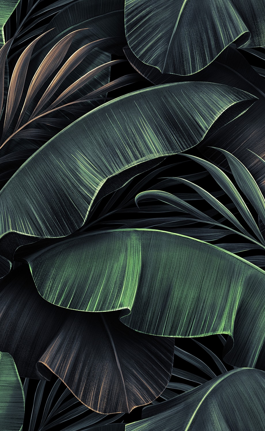 Dark green tropical leaves background pattern.